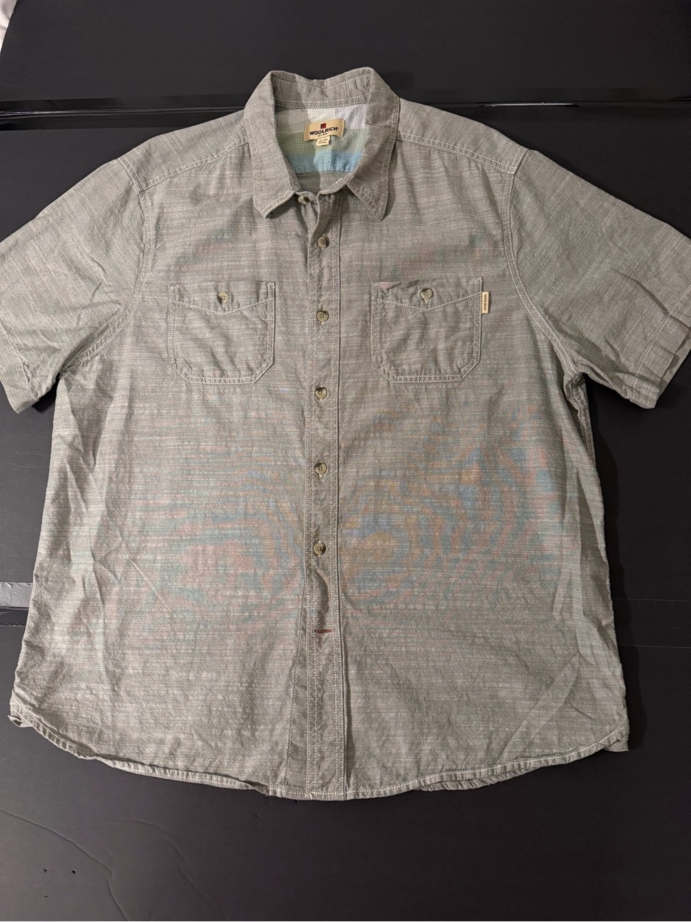 Woolrich Men's XL Short Sleeve Cotton Chambray Button Down Olive Grey